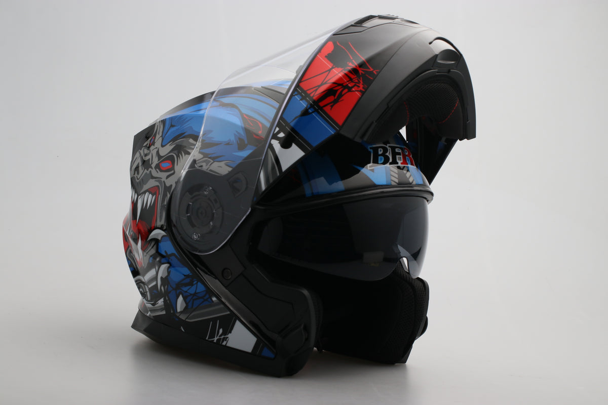 Modular Flip-Up Motorcycle Helmet- Wolf Black, Blue Shiny