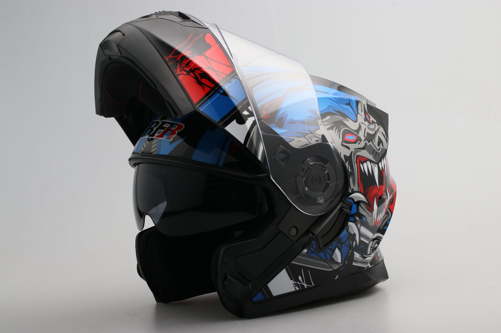 Modular Flip-Up Motorcycle Helmet- Wolf Black, Blue Shiny Modular Flip-Up Motorcycle Helmet- Wolf Black, Blue Shiny