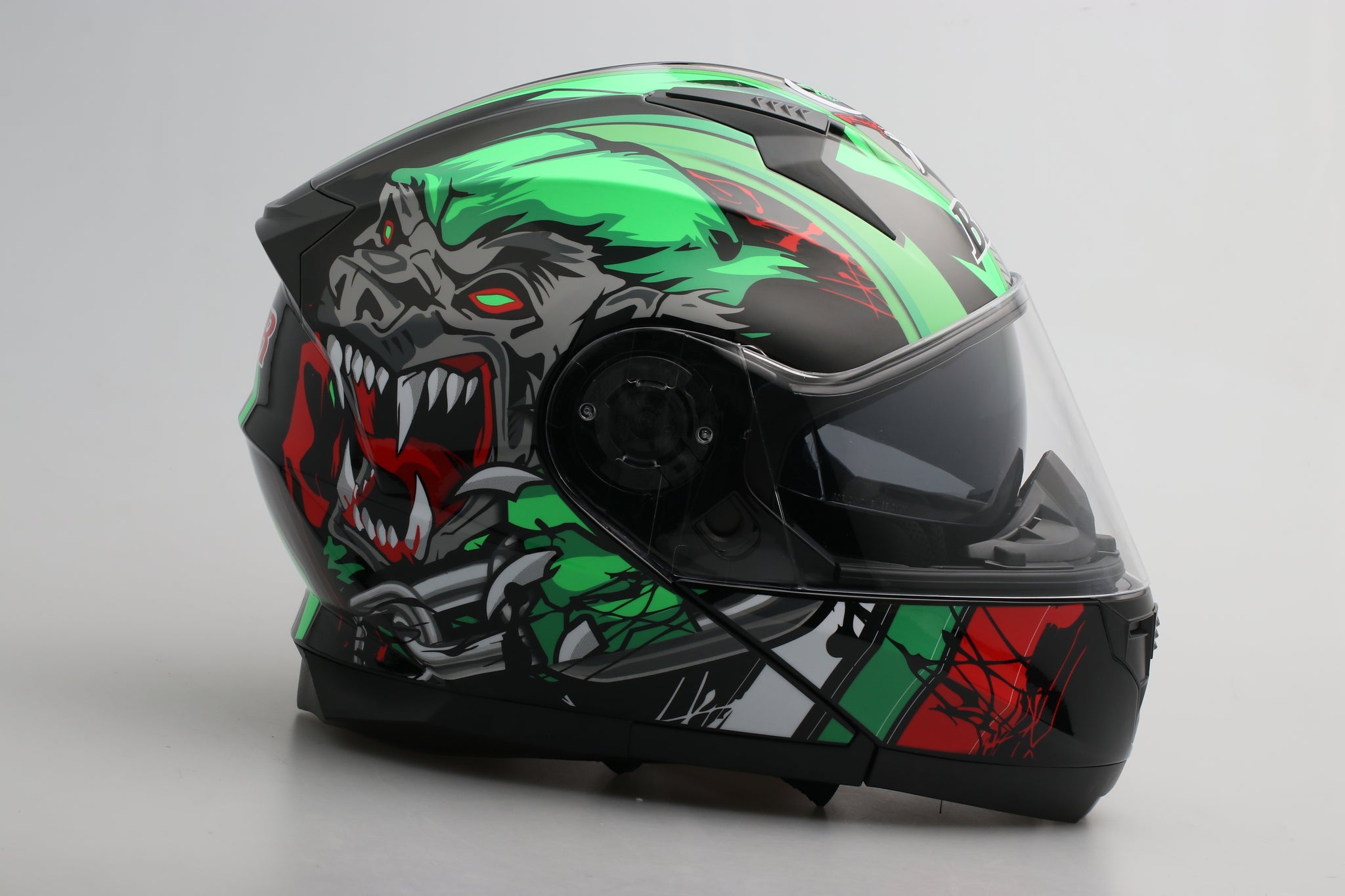 custom motorcycle helmets wolf Modular Flip-Up Motorcycle Helmet- Wolf Black Green Shiny