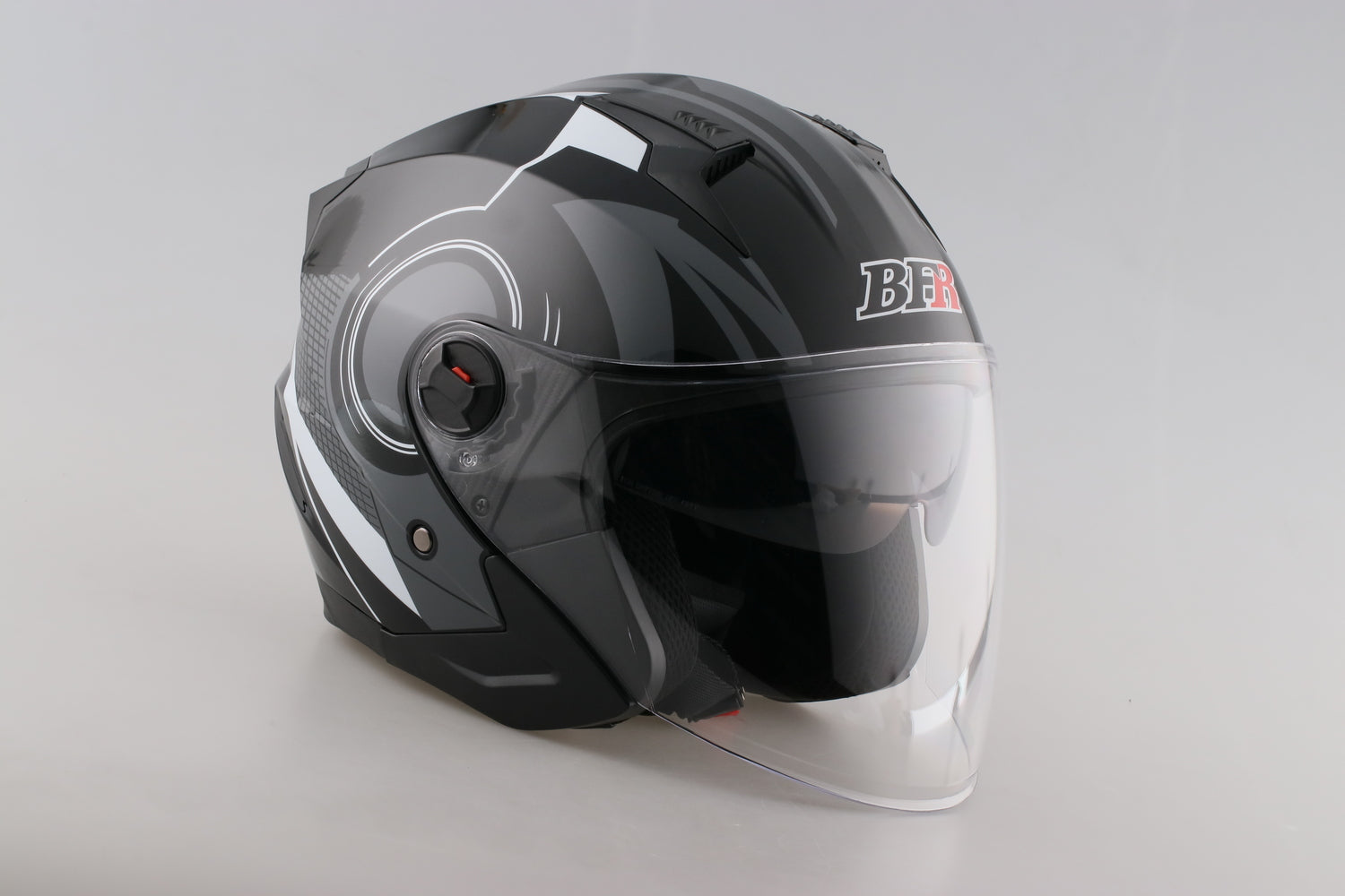 3/4 Black and White Striped Open Face Motorcycle Helmet with Dual Viso