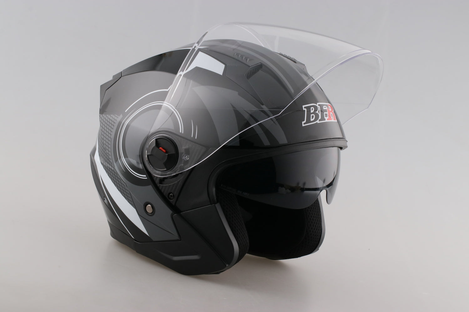 3/4 Black and White Striped Open Face Motorcycle Helmet with Dual Visor Shield