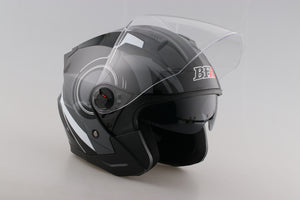 full motorcycle helmet white and black 3/4 Black and White Striped Open Face Motorcycle Helmet with Dual Viso