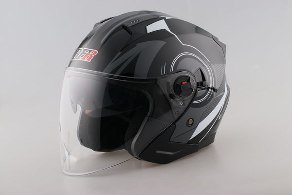 black white motorcycle helmet 3/4 Black and White Striped Open Face Motorcycle Helmet with Dual Viso