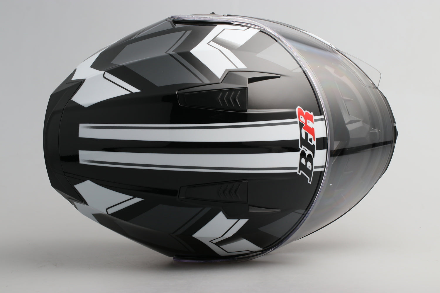 3/4 Black and White Striped Open Face Motorcycle Helmet with Dual Viso