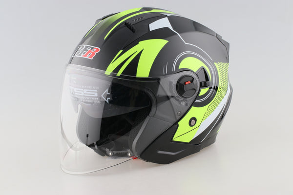 3/4 Lime Green Open Face Motorcycle Helmet with Dual Visor Shield