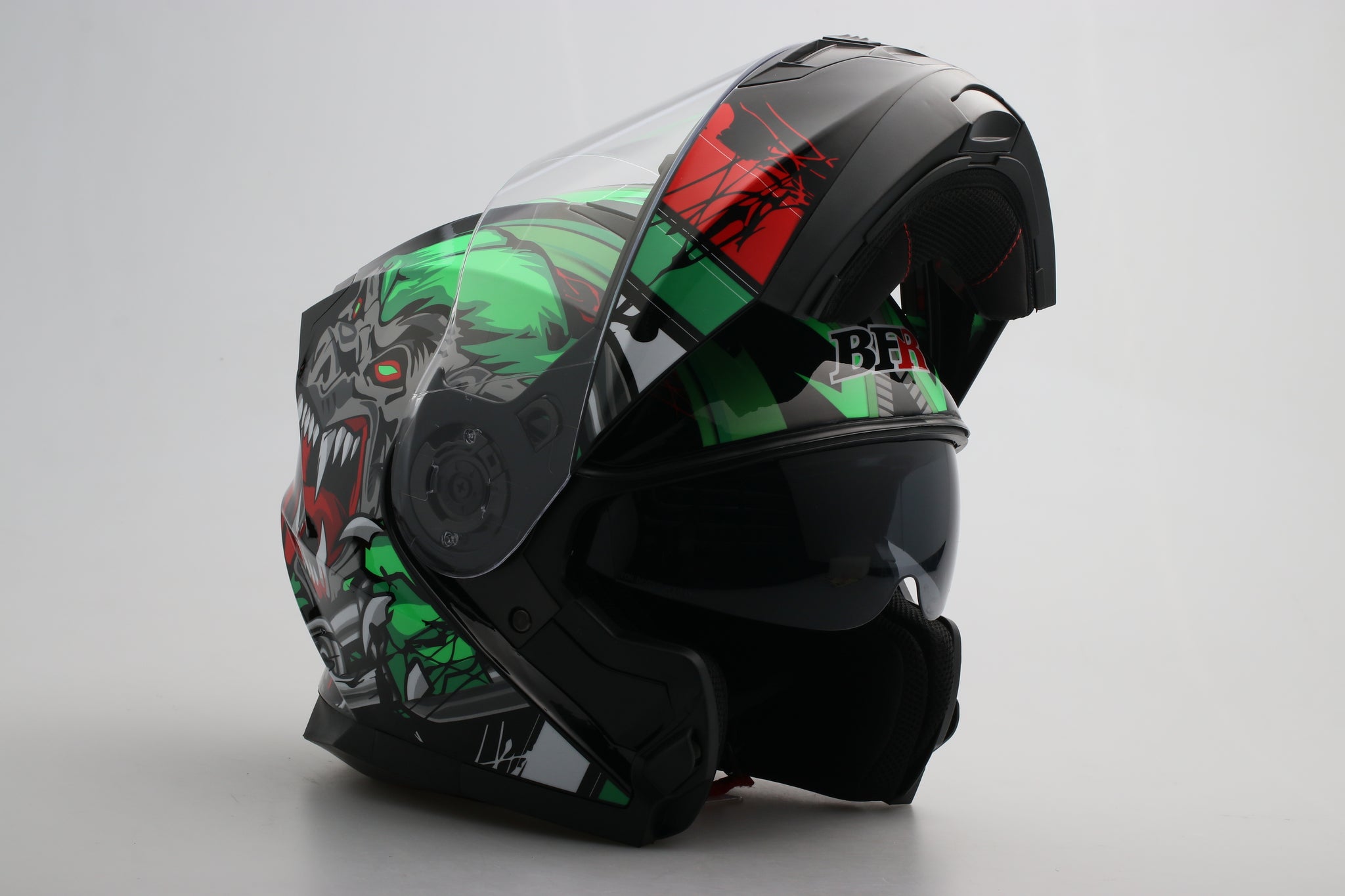 flip up motorcycle helmet Modular Flip-Up Motorcycle Helmet- Wolf Black Green Shiny
