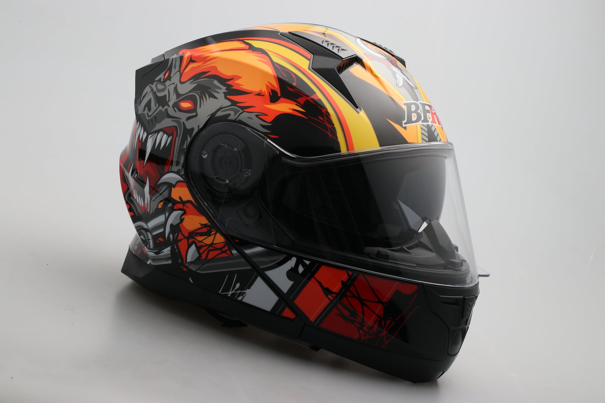 black orange motorcycle helmet Modular Flip-Up Motorcycle Helmet- Wolf Black Orange Shiny