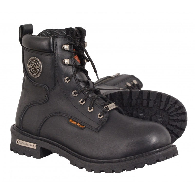 Milwaukee Leather MBM 9096 WP Men's 6 Inch Lace-Up Wide Width Black Logger Waterproof Leather Boots   Classic Engineer Design Oil and Acid Resistant Out-Sole Non-Skid and Non-Marking Tread Lace-Up with Fold Over Buckle Strap Welt Construction Inside Side Zipper Entry for Easy on and off Wear Linings are Moisture Wicking, Designed to Work with Your Body’s Temperature Smart Mask Climate Control Insole with Flex Power Toe Design Milwaukee Signature Hardware