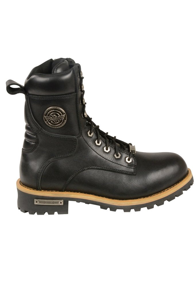 Milwaukee Leather BFR 9095 Men's Black Lace-Up Classic Logger Boots with Side Zipper 100% Leather. Motorcycle Boot. Milwaukee boot.