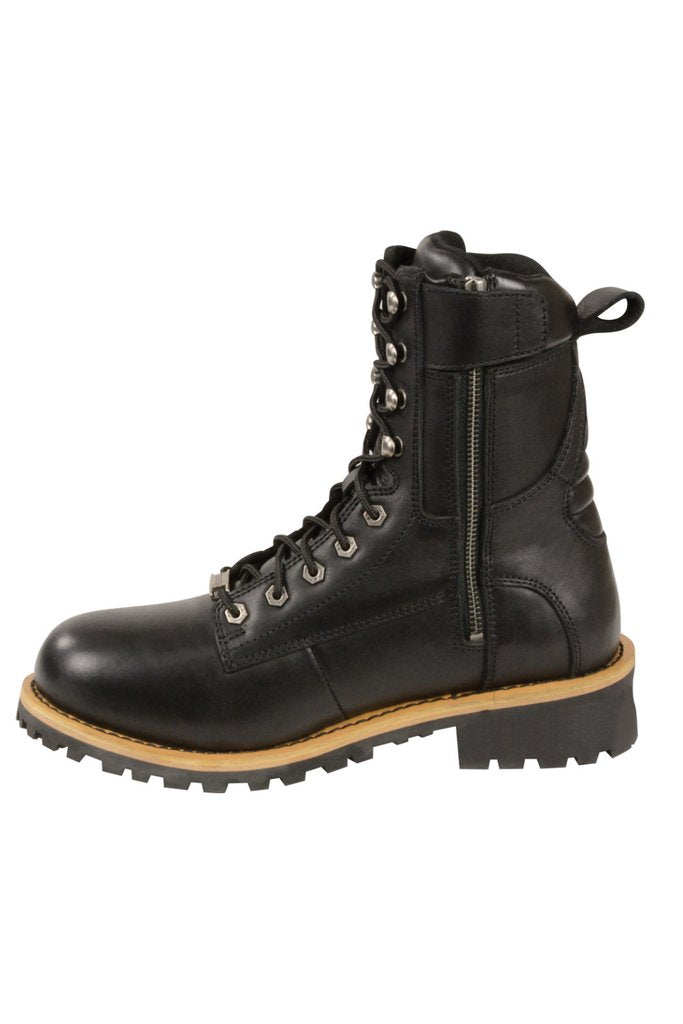 Milwaukee Leather BFR 9095 Men's Black Lace-Up Classic Logger Boots with Side Zipper 100% Leather. Motorcycle Boot. Milwaukee boot.