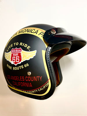 DOT Route 66 Black 3/4 open face motorcycle helmet with removable visor. 